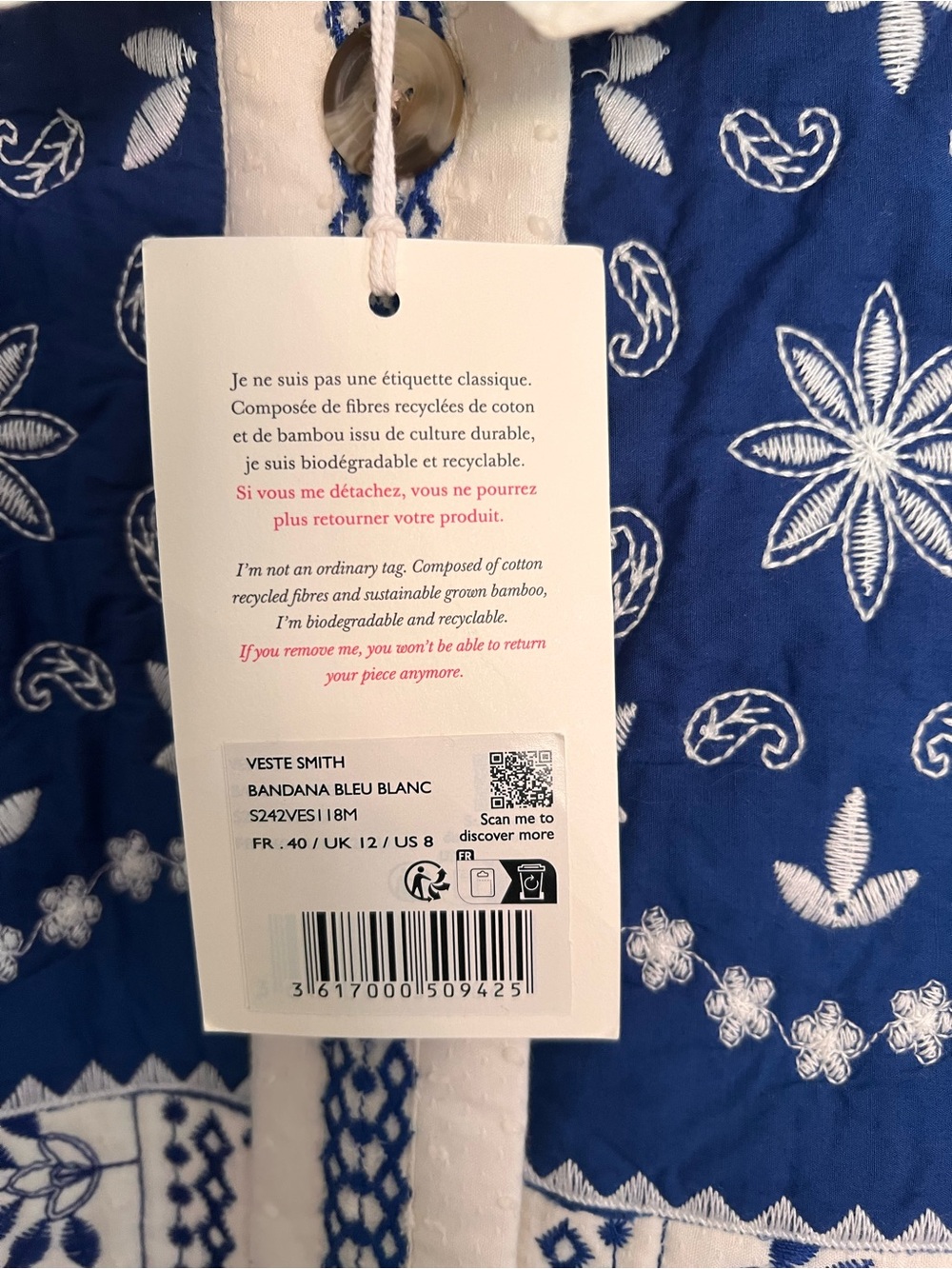 Sezane Smith In Blue Ecru Bandana Embroidered Quilted Floral Jacket Size 40 - Picture 6 of 11